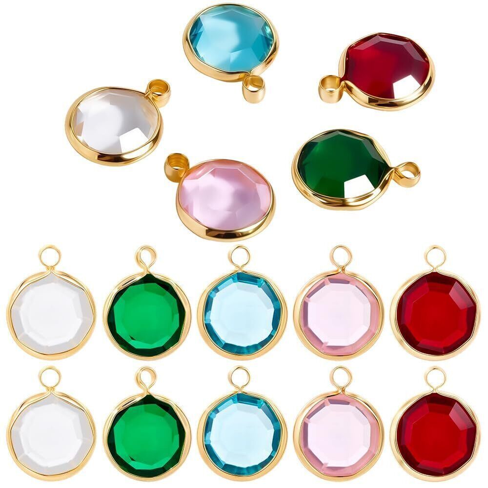 3719 15Pcs 5 Colors Flat Round Crystal Charms K9 Glass Faceted 18K Gold